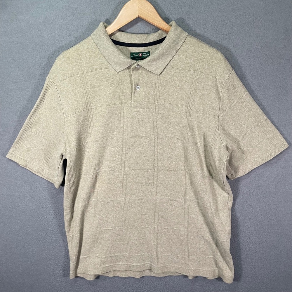 David Taylor Mens Large Polo Shirt Tan Textured‎ Grid Short Sleeve Casual